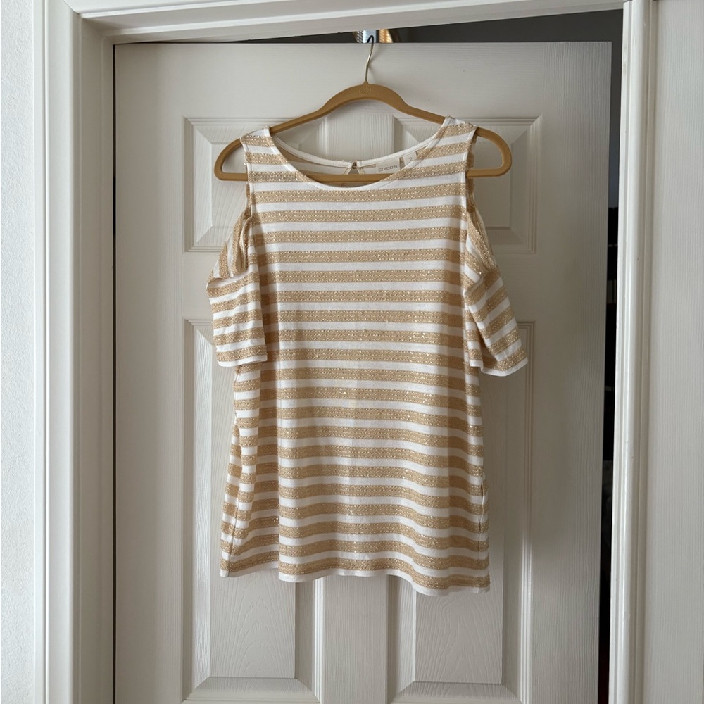 Chico's Beige and White Striped Cold Shoulder Blouse